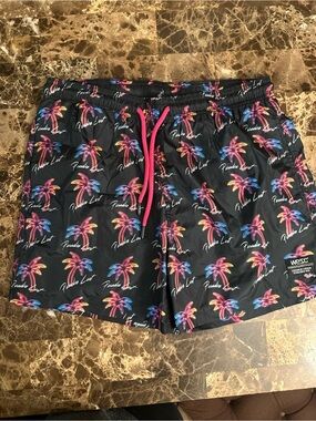 WESC Men's Black Swim Trunks with Neon Pink, Blue and Orange Palm Print